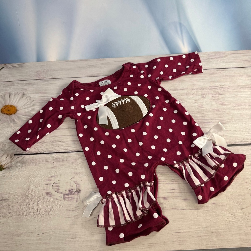 Football Romper Baby Girl 0-3M Burgundy Polka Dot Ruffle Game Day Sporty